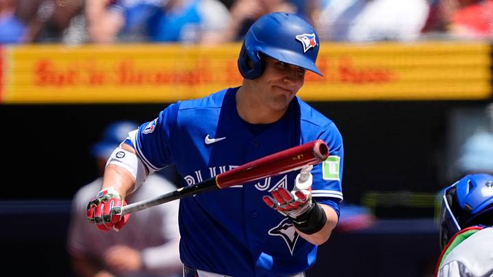 Jun 28, 2026; Toronto, Ontario, CAN; Toronto Blue Jays center fielder Daulton Varsho (5) reacts after striking out during the first inning with men on base against the Texas Rangers at Rogers Centre. Mandatory Credit: John E. Sokolowski-Imagn Images Jun 28, 2026; Toronto, Ontario, CAN; Toronto Blue Jays center fielder Daulton Varsho (5) reacts after striking out during the first inning with men on base against the Texas Rangers at Rogers Centre. Mandatory Credit: John E. Sokolowski-Imagn Images