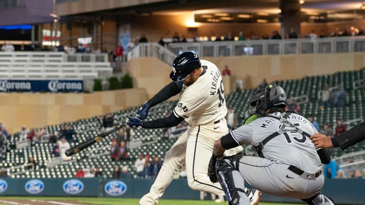 Minnesota Twins outfielder Alex Kirilloff (19) hits a walk-off single during the ninth inning against the Chicago White Sox at Target Field in Minneapolis on April 23, 2024. Minnesota Twins outfielder Alex Kirilloff (19) hits a walk-off single during the ninth inning against the Chicago White Sox at Target Field in Minneapolis on April 23, 2024.