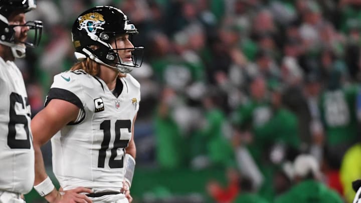 Nov 3, 2024; Philadelphia, Pennsylvania, USA; Jacksonville Jaguars quarterback Trevor Lawrence (16) reacts after throwing an interception in the end zone late in the fourth quarter against the Philadelphia Eagles at Lincoln Financial Field. 