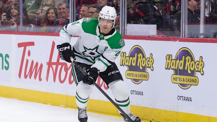 Nov 11, 2025; Ottawa, Ontario, CAN; Dallas Stars defenseman Miro Heiskanen (4) skates with the puck in the first period against the Ottawa Senators at the Canadian Tire Centre. Mandatory Credit: Marc DesRosiers-IMAGN Images