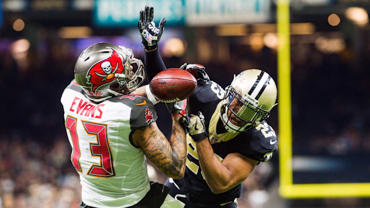 Nov 5, 2017; New Orleans, LA, USA; New Orleans Saints cornerback Marshon Lattimore breaks up a touchdown pass thrown to Tampa Bay Buccaneers wide receiver Mike Evans at Mercedes-Benz Superdome. Mandatory Credit: Scott Clause/The Daily Advertiser via USA TODAY NETWORK