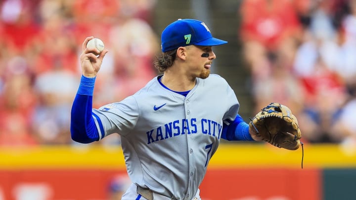 Kansas City Royals shortstop Bobby Witt Jr. (7) throws to first in attempt to get Cincinnati Reds designated hitter Jeimer Candelario (not pictured) out in the second inning at Great American Ball Park on Aug 16. Kansas City Royals shortstop Bobby Witt Jr. (7) throws to first in attempt to get Cincinnati Reds designated hitter Jeimer Candelario (not pictured) out in the second inning at Great American Ball Park on Aug 16.
