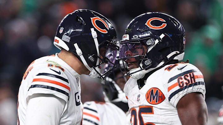 Nov 28, 2025; Philadelphia, Pennsylvania, USA; Chicago Bears quarterback Caleb Williams (18) and running back Kyle Monangai (25) react to a touchdown against the Philadelphia Eagles at Lincoln Financial Field. Mandatory Credit: Bill Streicher-Imagn Images