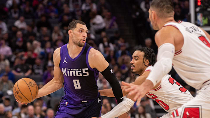 Mar 20, 2025; Sacramento, California, USA; Sacramento Kings guard Zach LaVine (8) controls the ball during the second quarter of the game against the Chicago Bulls at Golden 1 Center. Mandatory Credit: Ed Szczepanski-Imagn Images
