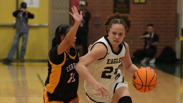 Oak Park tries to drive pass Cerritos during the CIF-SS Division 3AA girls basketball final at Edison High School in Huntington Beach on Saturday, Feb. 24, 2024. Oak Park won, 71-41, for its second straight CIF-SS title. Oak Park tries to drive pass Cerritos during the CIF-SS Division 3AA girls basketball final at Edison High School in Huntington Beach on Saturday, Feb. 24, 2024. Oak Park won, 71-41, for its second straight CIF-SS title.