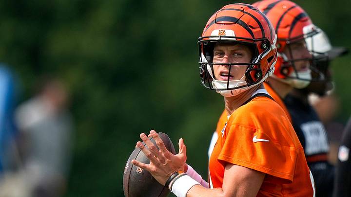 Cincinnati Bengals quarterback Joe Burrow (9) throws a pass during the first day of Cincinnati Bengals training camp at the Paycor Stadium practice facility in downtown Cincinnati on Wednesday, July 29, 2026.