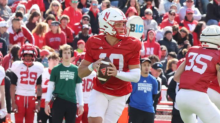 Nebraska quarterback Anthony Colandrea looks for a receiver in the Red-White Spring Game. Nebraska quarterback Anthony Colandrea looks for a receiver in the Red-White Spring Game.