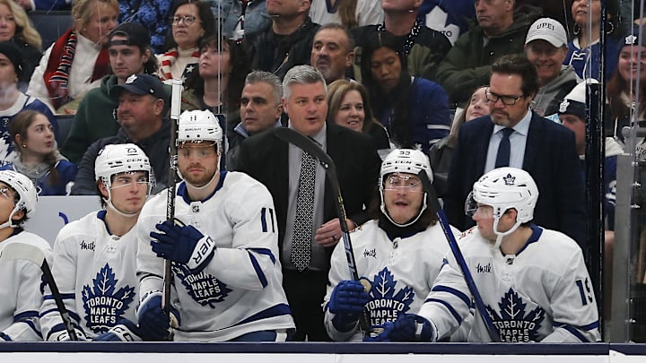 Dec 29, 2023; Columbus, Ohio, USA; Toronto Maple Leafs head coach Sheldon Keefe shouts instructions