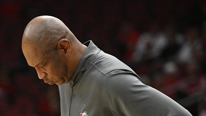 Dec 17, 2023; Louisville, Kentucky, USA;  Louisville Cardinals head coach Kenny Payne reacts during