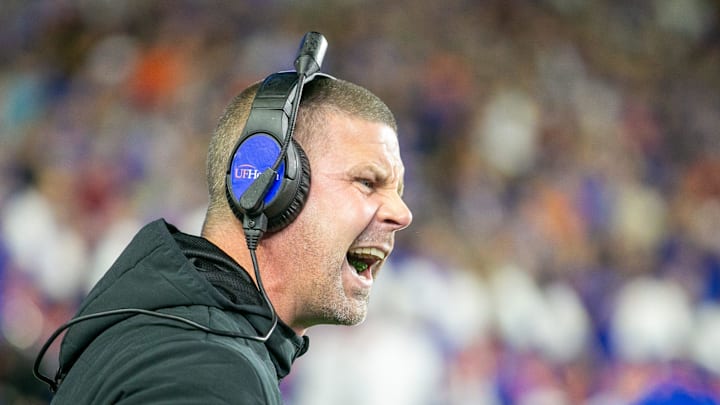 Florida Gators head coach Billy Napier collars at the officials during first half action as Florida takes on Florida State at Steve Spurrier Field at Ben Hill Griffin Stadium in Gainesville, FL on Saturday, November 25, 2023. [Alan Youngblood/Gainesville Sun]