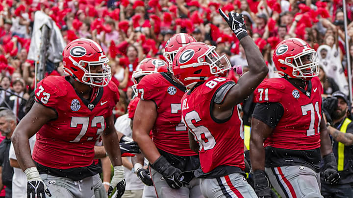 Sep 16, 2023; Athens, Georgia, USA; Georgia Bulldogs wide receiver Dillon Bell (86) reacts with
