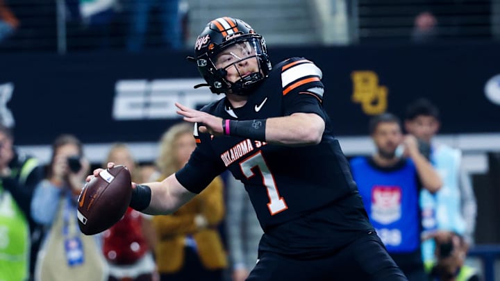 Dec 2, 2023; Arlington, TX, USA;  Oklahoma State Cowboys quarterback Alan Bowman (7) throws during