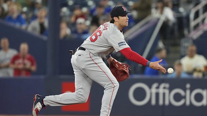 Sep 23, 2024; Toronto, Ontario, CAN; Boston Red Sox first baseman Triston Casas (36) tosses to first base for an out during the first inning against the Toronto Blue Jays at Rogers Centre. Mandatory Credit: John E. Sokolowski-Imagn Images Sep 23, 2024; Toronto, Ontario, CAN; Boston Red Sox first baseman Triston Casas (36) tosses to first base for an out during the first inning against the Toronto Blue Jays at Rogers Centre. Mandatory Credit: John E. Sokolowski-Imagn Images