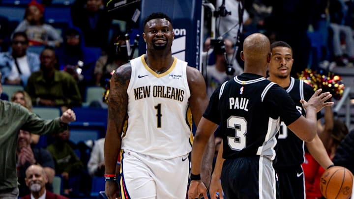 Feb 25, 2025; New Orleans, Louisiana, USA;  New Orleans Pelicans forward Zion Williamson (1) reacts to a dunk against the San Antonio Spurs during the second half at Smoothie King Center. Mandatory Credit: Stephen Lew-Imagn Images