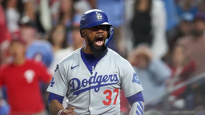 Oct. 6, 2025; Philadelphia, Pennsylvania, USA; Los Angeles Dodgers right fielder Teoscar Hernandez (37) celebrates after scoring a run against the Philadelphia Phillies in the seventh inning during game two of the NLDS round for the 2025 MLB playoffs at Citizens Bank Park.