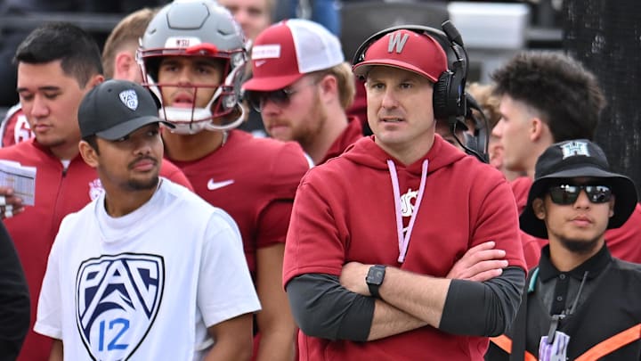 Oct 19, 2024; Pullman, Washington, USA; Washington State Cougars head coach Jake Dickert look son during a game against the Hawaii Warriors in the second half at Gesa Field at Martin Stadium. Mandatory Credit: James Snook-Imagn Images Oct 19, 2024; Pullman, Washington, USA; Washington State Cougars head coach Jake Dickert look son during a game against the Hawaii Warriors in the second half at Gesa Field at Martin Stadium. Mandatory Credit: James Snook-Imagn Images