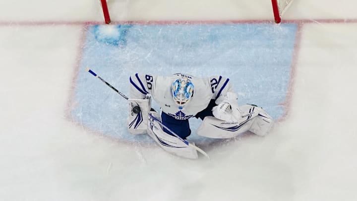 Mar 24, 2024; Raleigh, North Carolina, USA;  Toronto Maple Leafs goaltender Joseph Woll (60) makes a