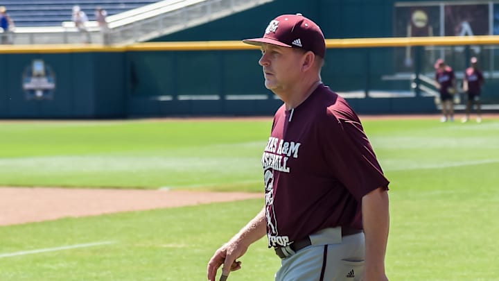 Jun 22, 2022; Omaha, NE, USA; Texas A&M Aggies head coach Jim Schlossnagle watches batting