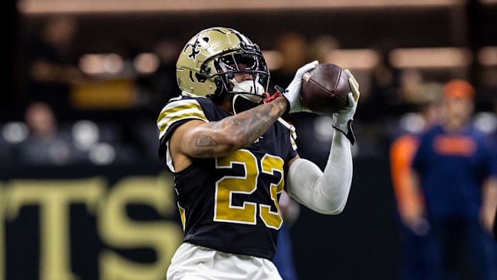 Oct 17, 2024; New Orleans, Louisiana, USA;  New Orleans Saints cornerback Marshon Lattimore (23) during the warmups before the game against the Denver Broncos at Caesars Superdome. Mandatory Credit: Stephen Lew-Imagn Images