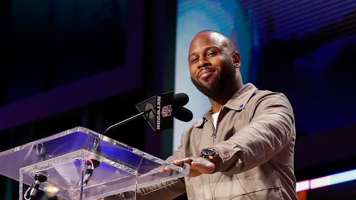 Former New England Patriots running back James White announces the team’s selection with the 95th overall pick during the round of the 2025 NFL Draft on Friday, April 25, 2025, at Lambeau Field in Green Bay, Wisconsin. The draft runs through April 26.
Tork Mason/USA TODAY NETWORK-Wisconsin Former New England Patriots running back James White announces the team’s selection with the 95th overall pick during the round of the 2025 NFL Draft on Friday, April 25, 2025, at Lambeau Field in Green Bay, Wisconsin. The draft runs through April 26.
Tork Mason/USA TODAY NETWORK-Wisconsin