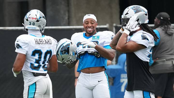 Carolina Panthers running back Chuba Hubbard (30), running back AJ Dillon (28) and running back Jonathon Brooks Carolina Panthers running back Chuba Hubbard (30), running back AJ Dillon (28) and running back Jonathon Brooks