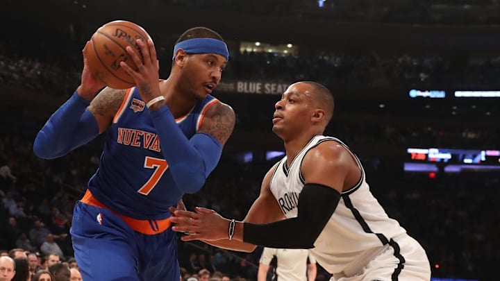 Mar 16, 2017; New York, NY, USA;  Brooklyn Nets guard Randy Foye (2) defends New York Knicks forward Carmelo Anthony (7) during the first quarter at Madison Square Garden. Mandatory Credit: Anthony Gruppuso-Imagn Images
