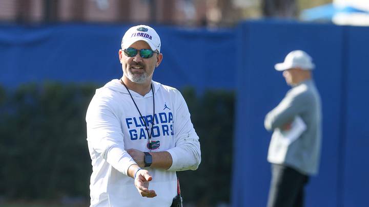 Defensive Coordinator Brad White keeps an eye the defensive workout during the first day of Florida Spring football practice at Heavener Football Center in Gainesville, FL on Tuesday, March 3, 2026. [Alan Youngblood/Gainesville Sun]