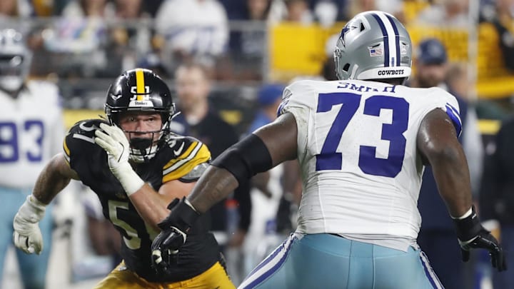 Pittsburgh Steelers linebacker Nick Herbig pass rushes against Dallas Cowboys offensive tackle Tyler Smith Pittsburgh Steelers linebacker Nick Herbig pass rushes against Dallas Cowboys offensive tackle Tyler Smith