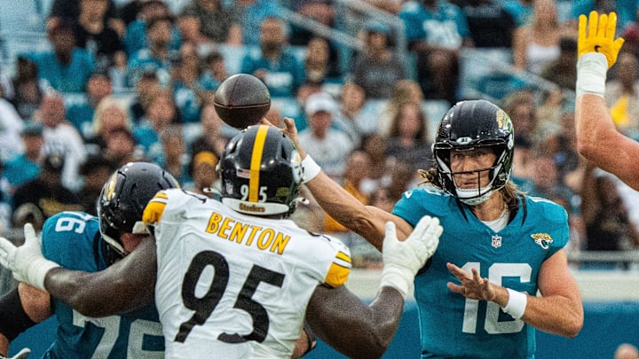 Jacksonville Jaguars quarterback Trevor Lawrence (16) passes under pressure during the first half of the first preseason game where the Jacksonville Jaguars hosted the Pittsburgh Steelers Saturday Aug. 9, 2025, at EverBank Stadium in Jacksonville, Fla. [Doug Engle/Florida Times-Union]