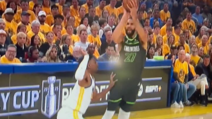 Rudy Gobert kind of attempts a three-pointer against the Golden State Warriors.