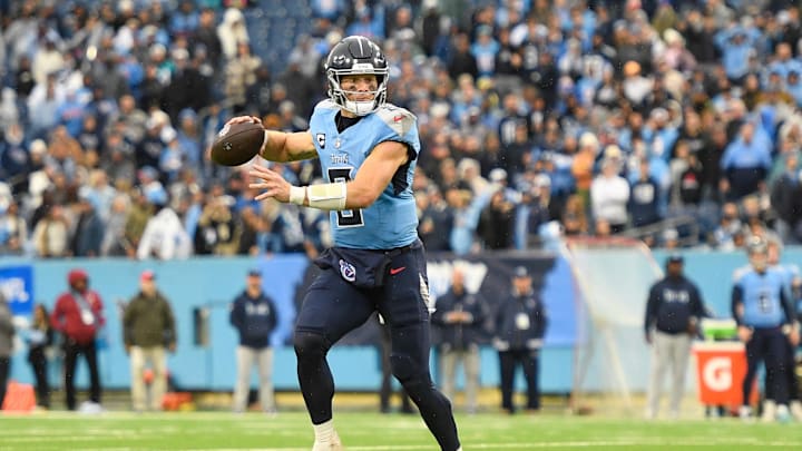 Dec 8, 2024; Nashville, Tennessee, USA; Tennessee Titans Will Levis (8) rolls out to his right against the Jacksonville Jaguars during the second half at Nissan Stadium. Mandatory Credit: Steve Roberts-Imagn Images
