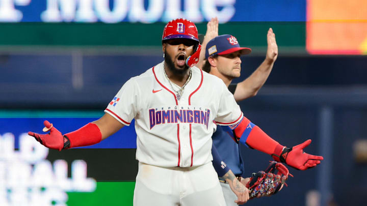 Mar 15, 2026; Miami, FL, United States; Dominican Republic first baseman Vladimir Guerrero Jr. (27) celebrates after hitting a double in the fourth inning against the United States during a semifinal game of the 2026 World Baseball Classic at loanDepot Park. Mandatory Credit: Sam Navarro-Imagn Images Mar 15, 2026; Miami, FL, United States; Dominican Republic first baseman Vladimir Guerrero Jr. (27) celebrates after hitting a double in the fourth inning against the United States during a semifinal game of the 2026 World Baseball Classic at loanDepot Park. Mandatory Credit: Sam Navarro-Imagn Images