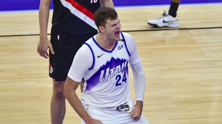 Oct 16, 2025; Salt Lake City, Utah, USA; Utah Jazz center Walker Kessler (24) celebrates after his slam dunk during the second half against the Portland Trail Blazers at Delta Center. Mandatory Credit: Peter Creveling-Imagn Images