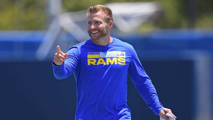 Jun 8, 2021; Thousand Oaks, CA, USA;  Los Angeles Rams head coach Sean McVay smiles during mini camp held at the practice facility at Cal State Lutheran. Mandatory Credit: Jayne Kamin-Oncea-Imagn Images

 