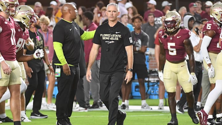 Oct 4, 2025; Tallahassee, Florida, USA; Florida State Seminoles head coach Mike Norvell before a game against the Miami Hurricanes at Doak S. Campbell Stadium. Mandatory Credit: Robert Myers-Imagn Images Oct 4, 2025; Tallahassee, Florida, USA; Florida State Seminoles head coach Mike Norvell before a game against the Miami Hurricanes at Doak S. Campbell Stadium. Mandatory Credit: Robert Myers-Imagn Images