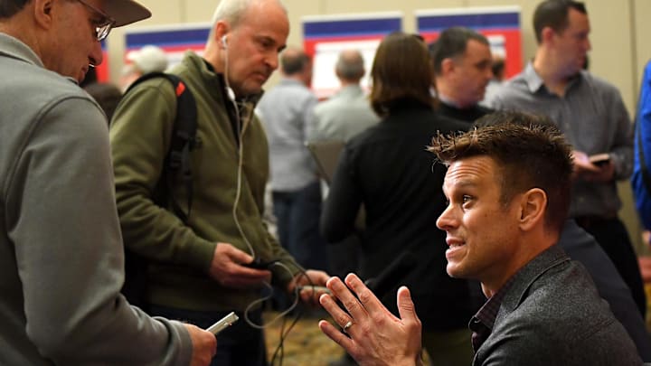 Feb 19, 2019; Glendale, AZ, USA; Seattle Mariners general manager Jerry Dipoto answers questions