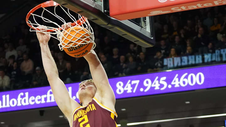 Jan 3, 2026; Evanston, Illinois, USA; Minnesota Golden Gophers forward Grayson Grove (2) dunks the ball against the Northwestern Wildcats during the second half at Welsh-Ryan Arena. Mandatory Credit: David Banks-Imagn Images