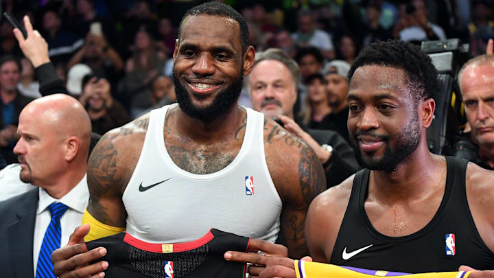 Dec 10, 2018; Los Angeles, CA, USA; Miami Heat guard Dwyane Wade (3) and Los Angeles Lakers forward LeBron James (23) exchange jerseys after the game at Staples Center. Mandatory Credit: Jayne Kamin-Oncea-Imagn Images