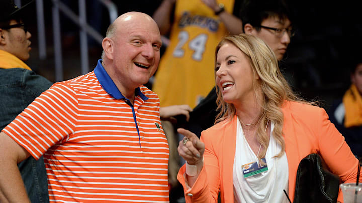 Oct 31, 2014; Los Angeles, CA, USA; Los Angeles Clippers owner Steve Ballmer (left) talks with Los Angeles Lakers owner Jeannie Buss before the game at Staples Center. Mandatory Credit: Jayne Kamin-Oncea-Imagn Images Oct 31, 2014; Los Angeles, CA, USA; Los Angeles Clippers owner Steve Ballmer (left) talks with Los Angeles Lakers owner Jeannie Buss before the game at Staples Center. Mandatory Credit: Jayne Kamin-Oncea-Imagn Images
