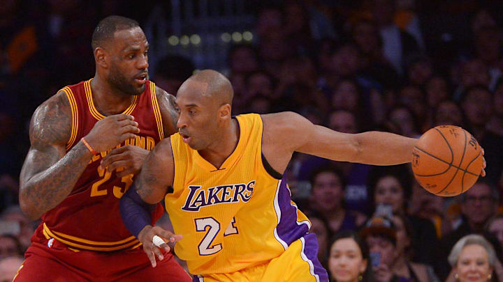 Mar 10, 2016; Los Angeles, CA, USA; Cleveland Cavaliers forward LeBron James (23) guards Los Angeles Lakers forward Kobe Bryant (24) on the court in the first half of the game at Staples Center. Mandatory Credit: Jayne Kamin-Oncea-Imagn Images Mar 10, 2016; Los Angeles, CA, USA; Cleveland Cavaliers forward LeBron James (23) guards Los Angeles Lakers forward Kobe Bryant (24) on the court in the first half of the game at Staples Center. Mandatory Credit: Jayne Kamin-Oncea-Imagn Images