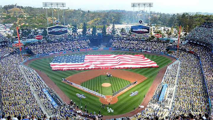 Los Angeles, CA, USA; General view of the field during the playing of the national anthem before the game between the Los Angeles Dodgers and the Arizona Diamondbacks at Dodger Stadium.