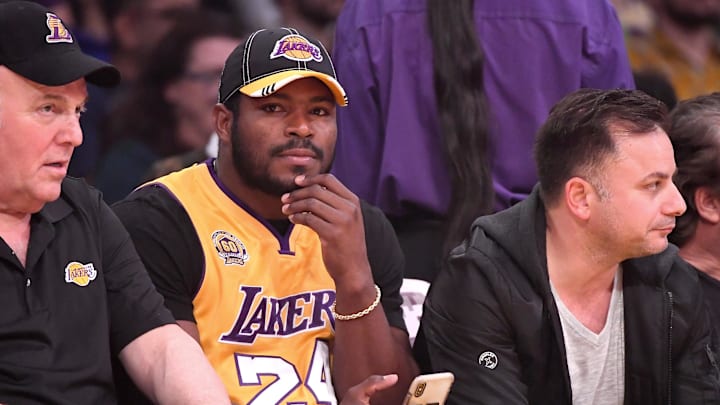 Cleveland Indians outfielder Yasiel Puig (66) attends the game between the Los Angeles Lakers and the Oklahoma City Thunder at Staples Center in 2019.