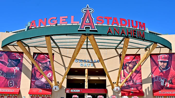 May 6, 2021; Anaheim, California, USA;  An image of Los Angeles Angels first baseman Albert Pujols (5) is displayed with left fielder Justin Upton (8), third baseman Anthony Rendon (6) and second baseman David Fletcher (22) near an entrance to Angel Stadium. The Angels designated Albert Pujols for assignment today, leaving the 41-year-old   s playing future in limbo. Pujols was in the final year of his historic 10-year, $253 million contract. Mandatory Credit: Jayne Kamin-Oncea-Imagn Images