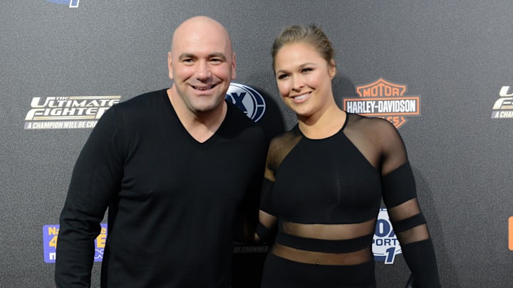 Sep 9, 2014; Los Angeles, CA, USA; UFC Women's Bantamweight champion Ronda Rousey and UFC presidentand Dana White arrive on the Red Carpet at Lure Nightclub for the premier of The Ultimate Fighter women in the newly formed women in the strawweight class. Mandatory Credit: Jayne Kamin-Oncea-Imagn Images
