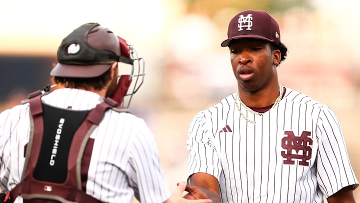 Mississippi State pitcher Chris Billingsley Jr. walks off the mound after a scoreless first inning against No. 11 Southern Miss at Dudy Noble Field.