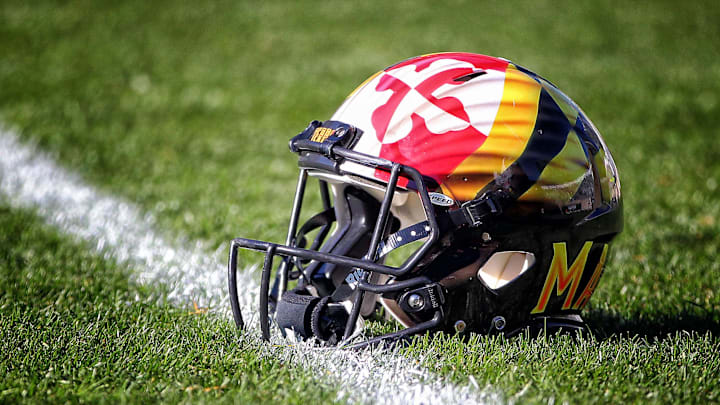 Nov 14, 2015; East Lansing, MI, USA; General view of a Maryland Terrapins helmet on the field prior to a game against the Michigan State Spartans at Spartan Stadium. Mandatory Credit: Mike Carter-Imagn Images