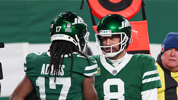 New York Jets quarterback Aaron Rodgers and wide receiver Davante Adams.