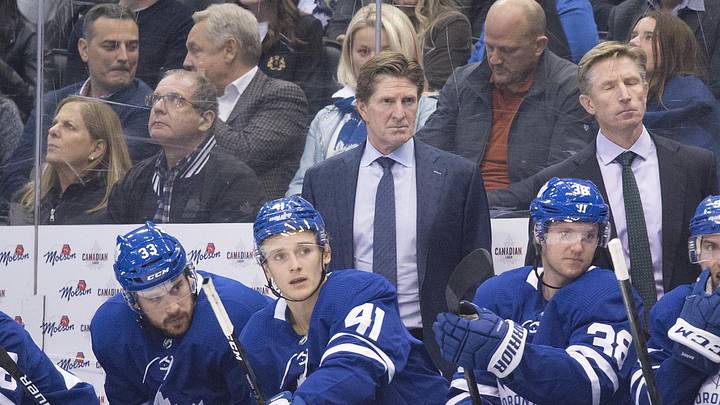 Oct 5, 2019; Toronto, Ontario, CAN; Toronto Maple Leafs head coach Mike Babcock watches the play during the third period against the Montreal Canadiens at Scotiabank Arena. Mandatory Credit: Nick Turchiaro-Imagn Images