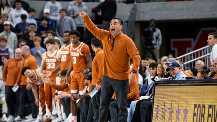 Texas Longhorns head coach Sean Miller talks with his team as Auburn Tigers take on Texas Longhorns at Neville Arena in Auburn, Ala. on Wednesday, Jan. 28, 2026. Texas Longhorns leads Auburn Tigers 42-34. Texas Longhorns head coach Sean Miller talks with his team as Auburn Tigers take on Texas Longhorns at Neville Arena in Auburn, Ala. on Wednesday, Jan. 28, 2026. Texas Longhorns leads Auburn Tigers 42-34.