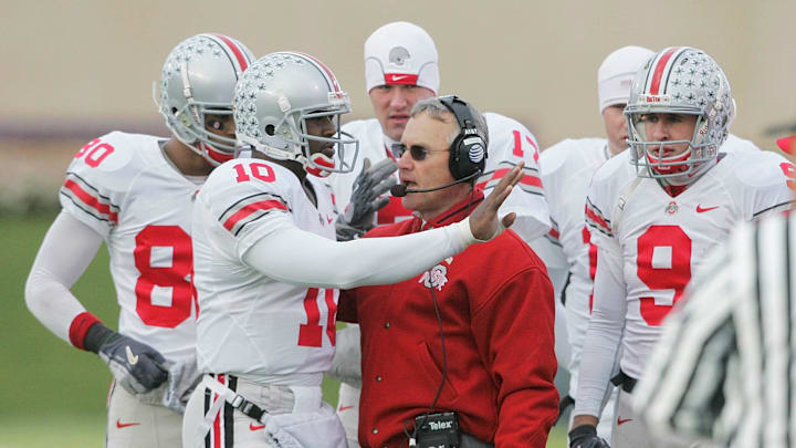 Ohio State's Troy Smith (10) and head football coach Jim Tressel on the sidelines during the first half of their game against Northwestern at Ryan Field, November 11, 2006. Ohio State's Troy Smith (10) and head football coach Jim Tressel on the sidelines during the first half of their game against Northwestern at Ryan Field, November 11, 2006.